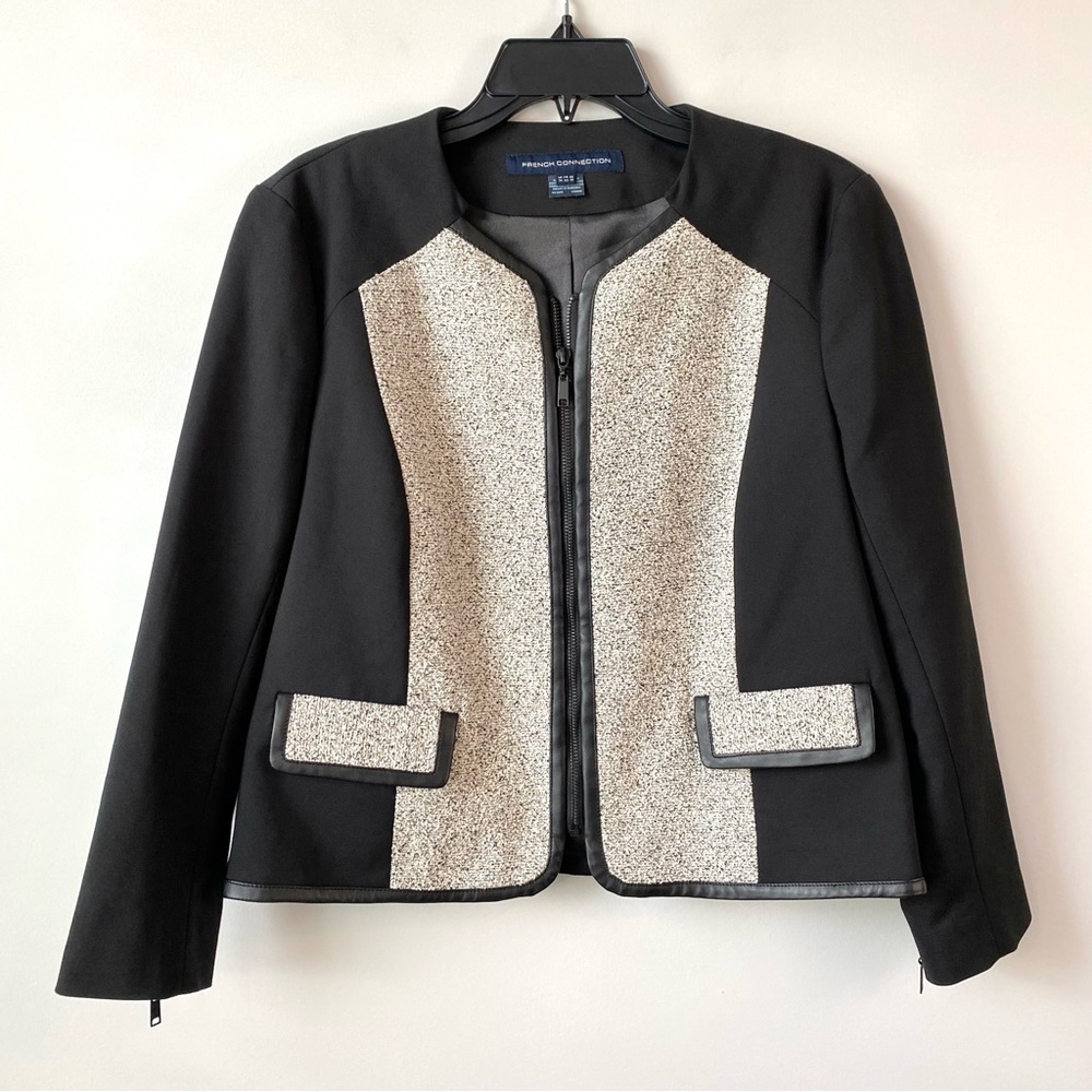 French‎ Connection Faux Leather Trim Tweed Panel Blazer Jacket 10